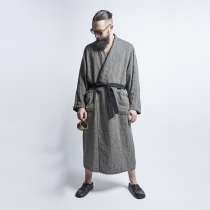 Men's Linen Bathrobe, black fishbone