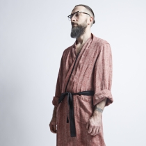 Men's Linen Bathrobe, red fishbone